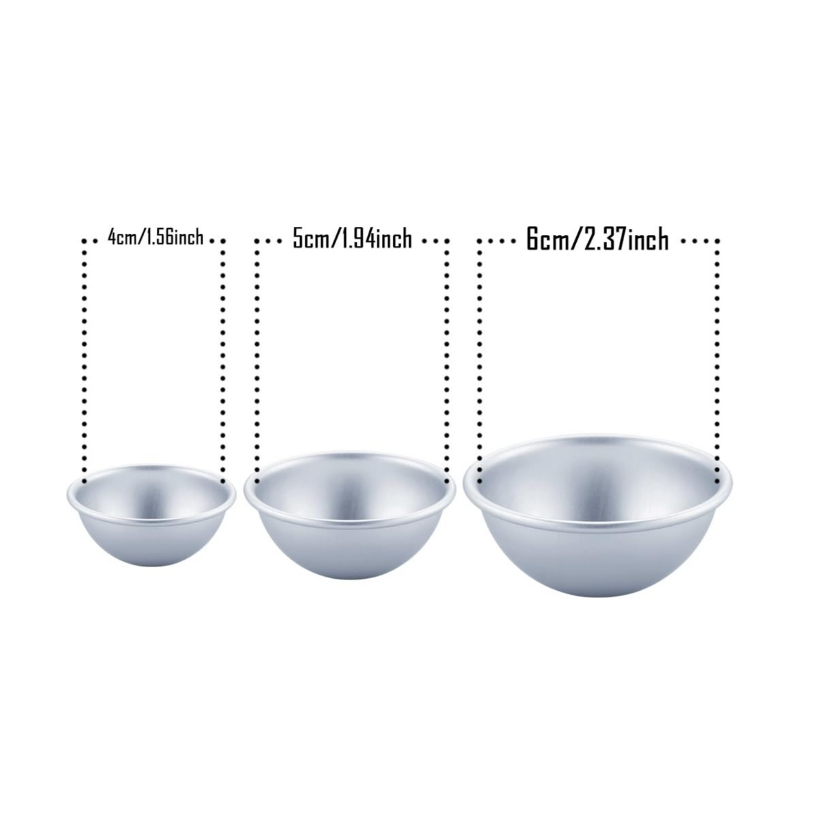 Three metallic bowls of different sizes with measurements on a white background