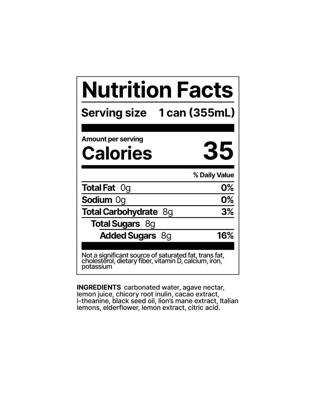 Nutrition facts label for a product with serving size, calories, and ingredient list.
