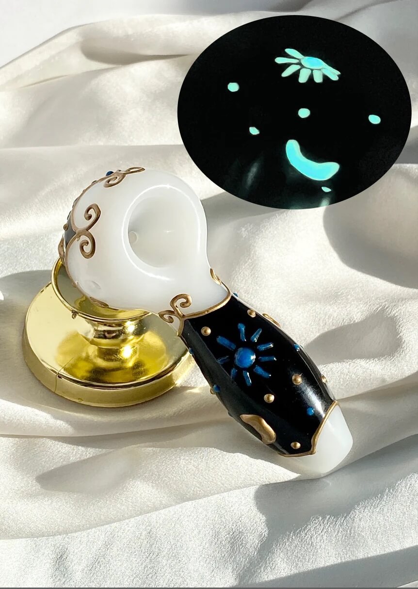 celestial pipe, glow in the dark pipe, hand painted glass pipe, moon and stars pipe, borosilicate hand pipe, cosmic smoking pipe, celestial bowl