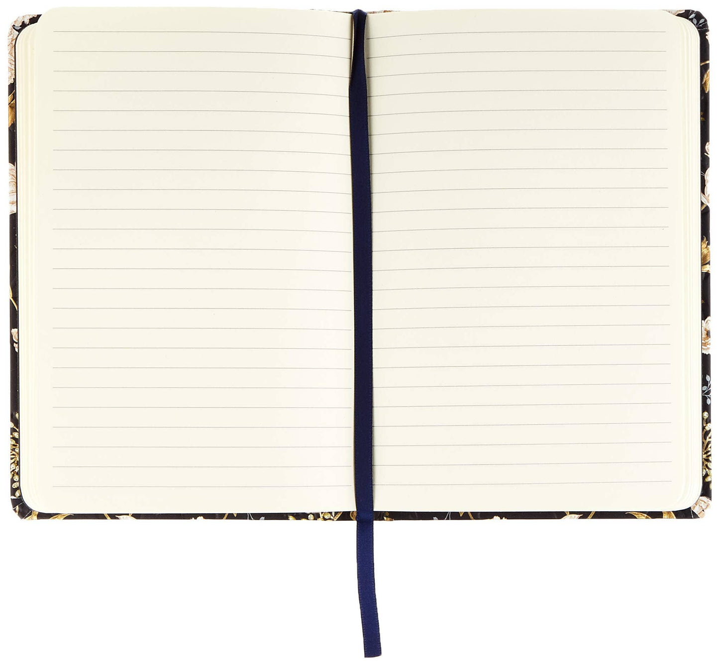 Open notebook with floral patterned cover on a white background