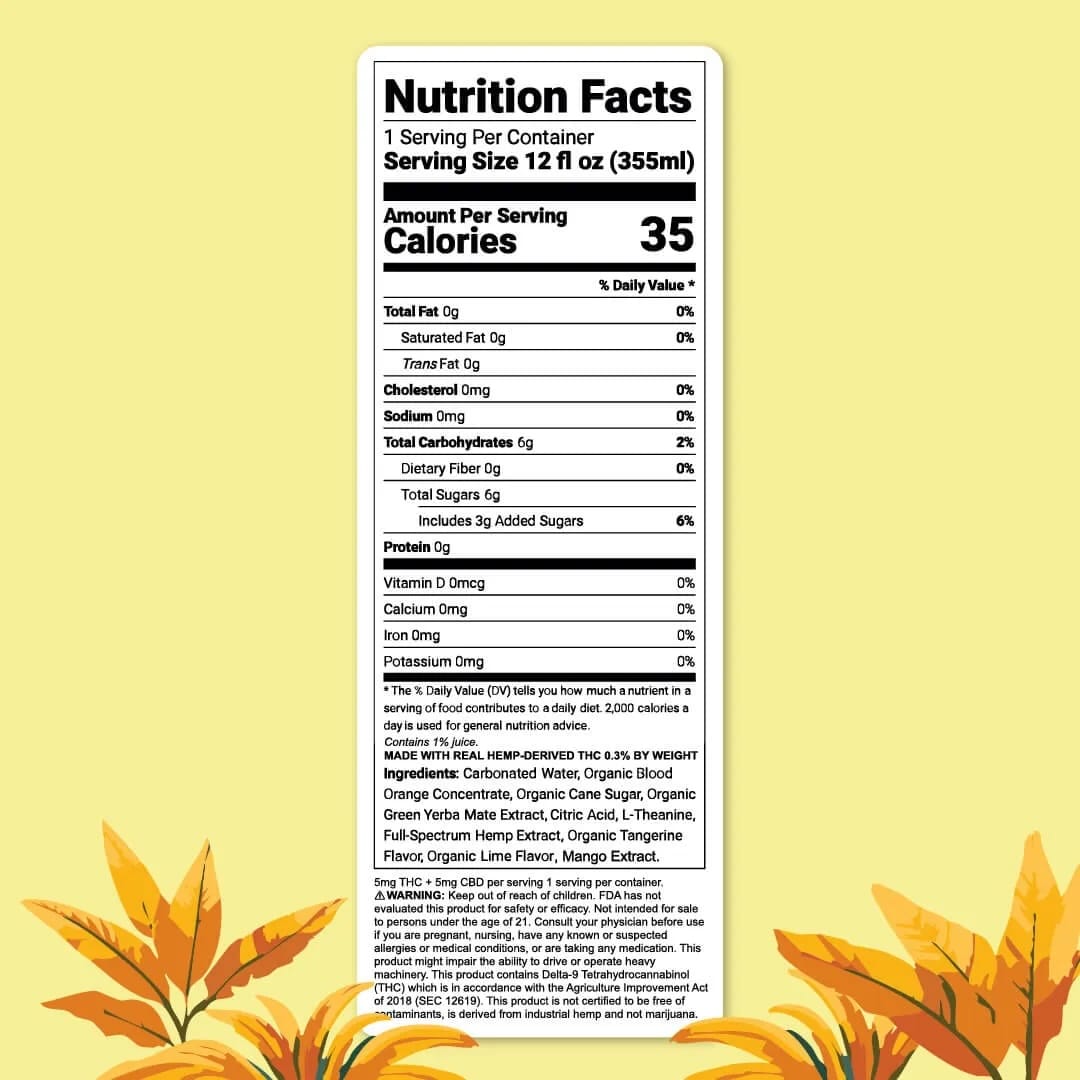 CBD drink citrus mango, cannabis social beverage, non-alcoholic THC drink, calming energy drink, nutritional facts