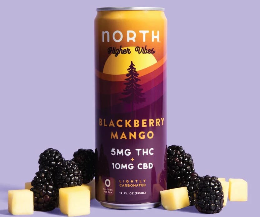 cannabis-infused blackberry mango drink, hemp beverage with tropical fruit flavor