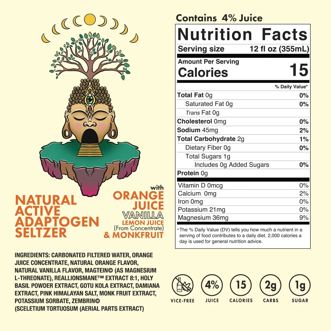 Nutrition facts label for a natural active adaptogen seltzer Bodhi Bubbles drink with orange slices, vanilla bean