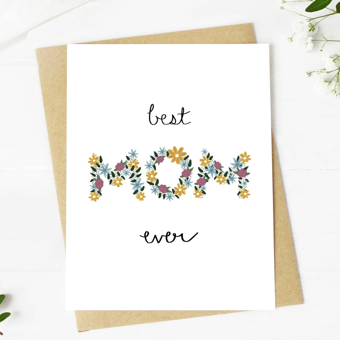 Greeting card with floral design and text 'best mom ever' on a white background