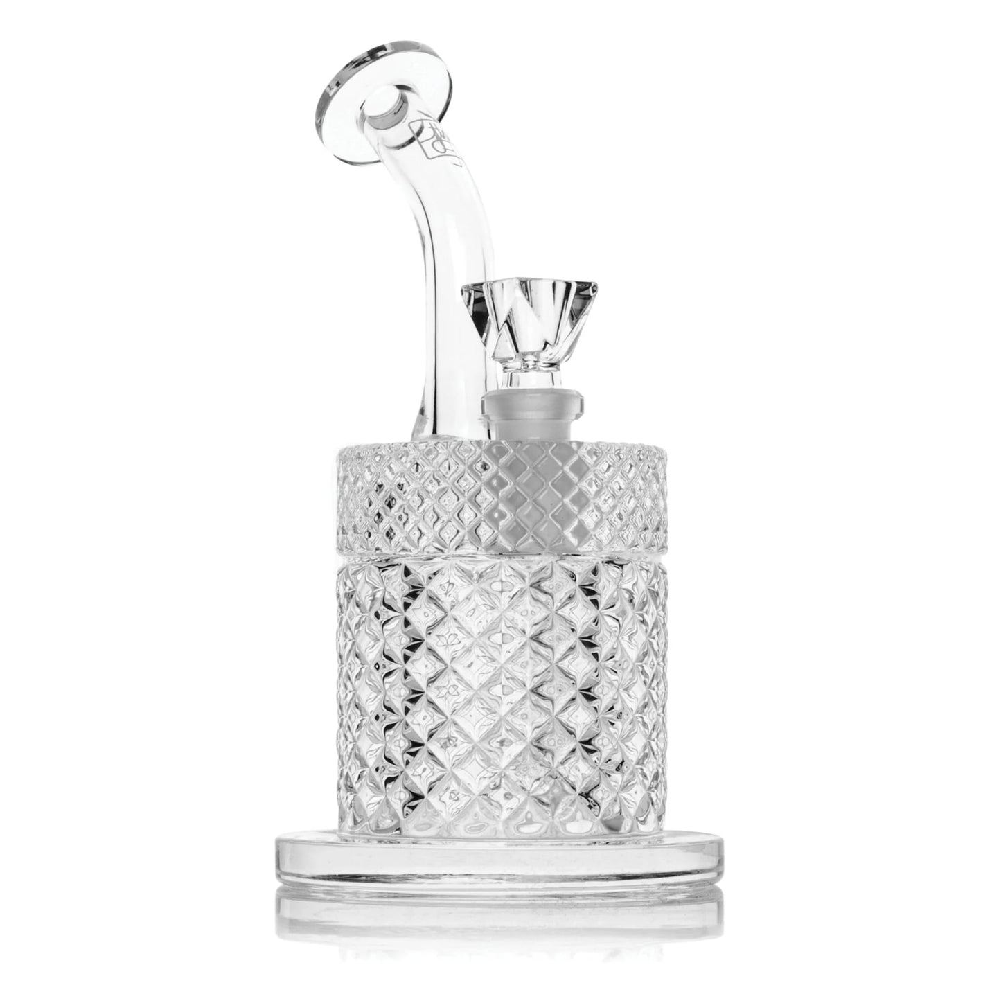 Clear glass decanter with diamond pattern on a white background