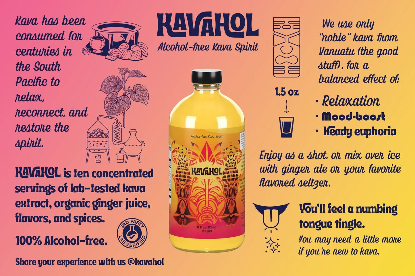 Kavahol alcohol-free kava spirit bottle with product details on a pink and orange background