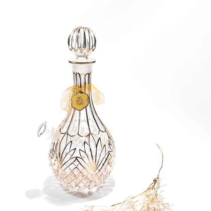 Stardust My Bud Vase, My Bud Vase, luxury bong, decorative vase bong, golden glass bong, hand painted glass, textured glass decanter, cannabis vase, artistic smoking accessory, elegant glassware, gold detailing bong, female-owned brand, collector glass piece, functional art, 70s inspired decor, YENology My Bud Vase, glass smoking accessory, gold accent home decor, elevated smoking ritual, luxury cannabis accessory