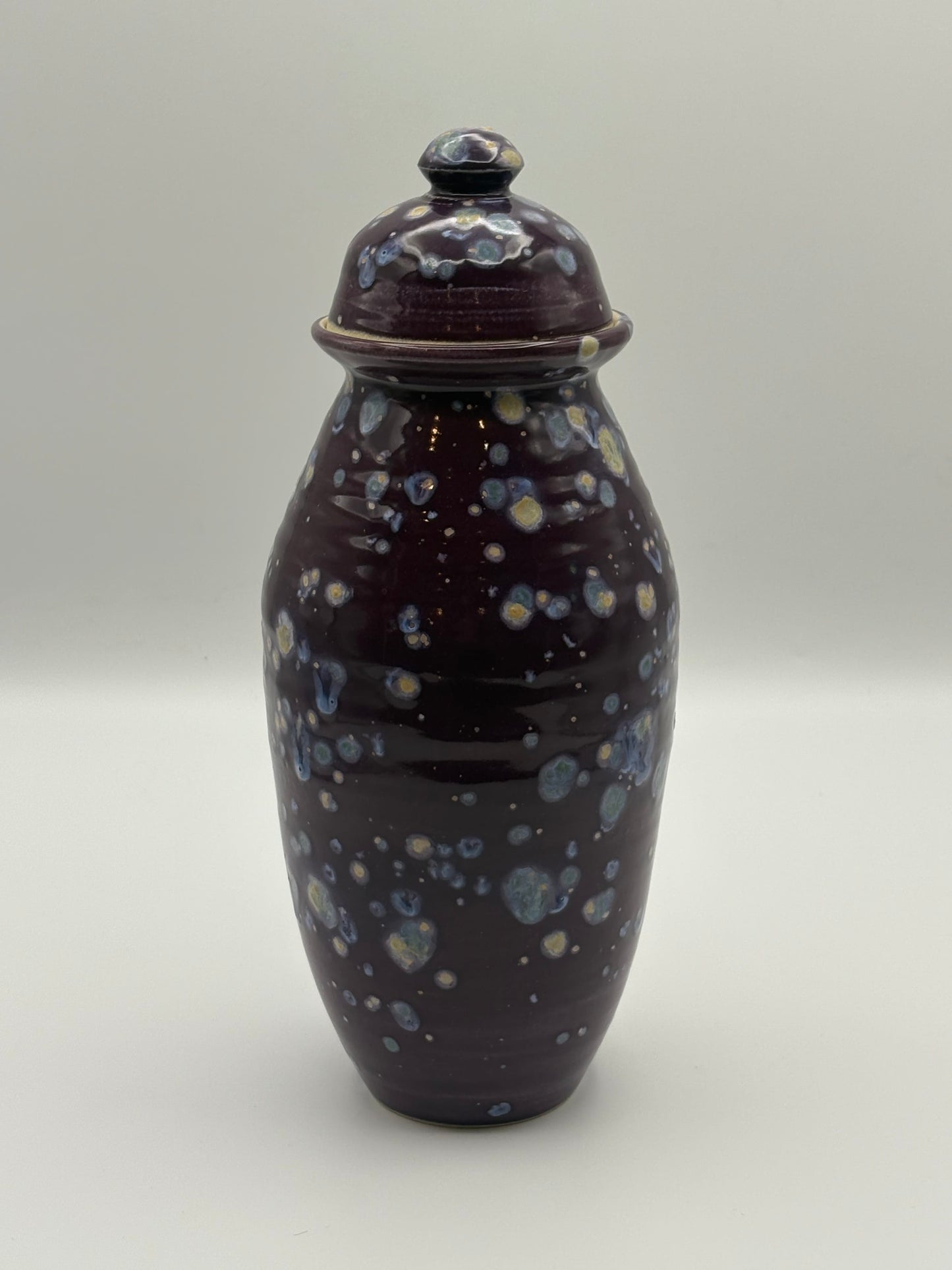 Ceramic jar with a lid featuring a speckled design