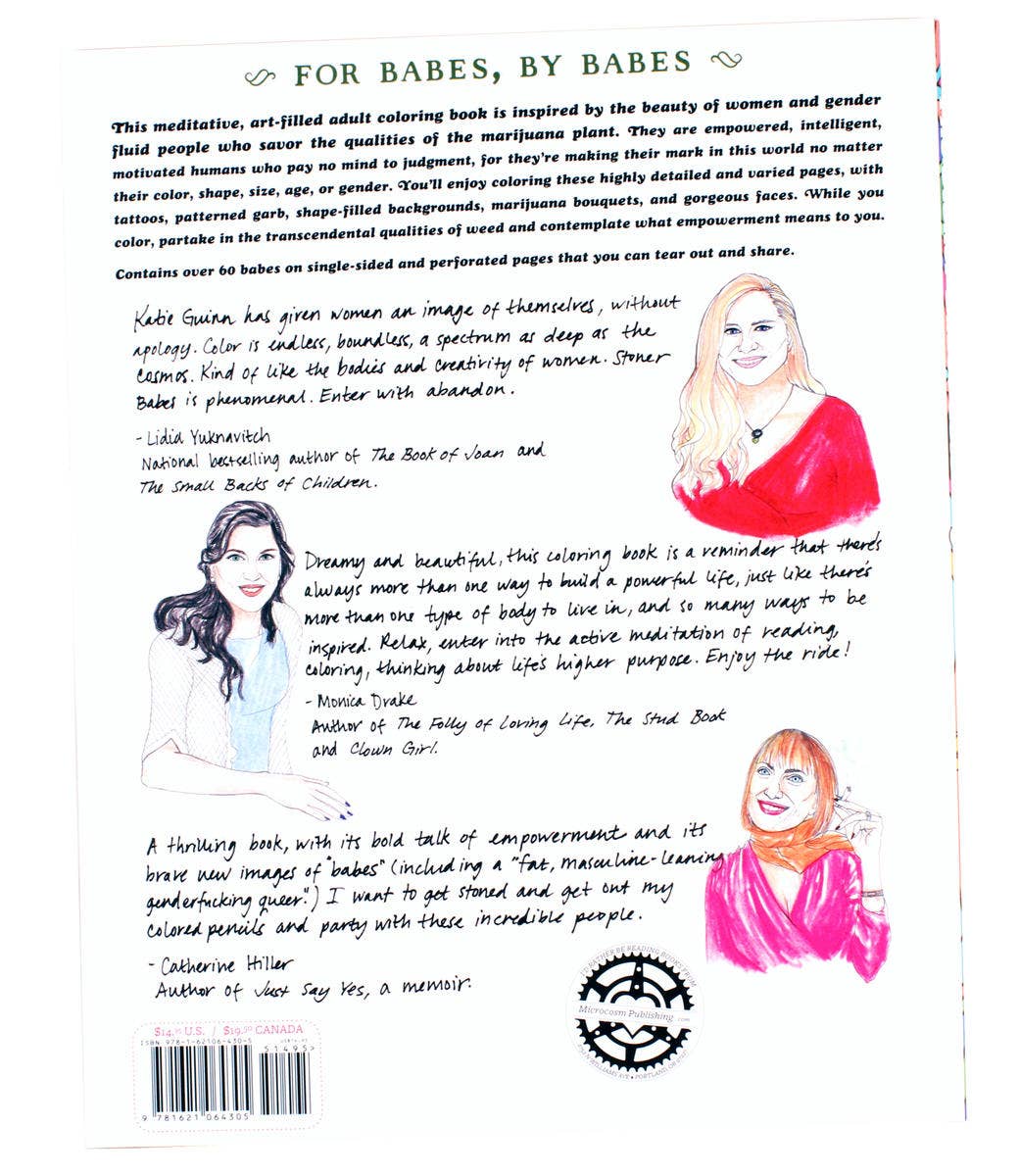Back cover of a coloring book with illustrations and text about the book's content and creators.