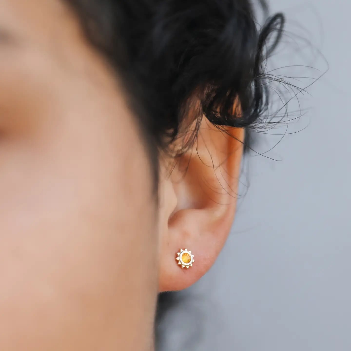 amber stud earrings, gold sun earrings, amber jewelry, hypoallergenic gold studs, petite sun earrings, dainty amber earrings, celestial stud earrings