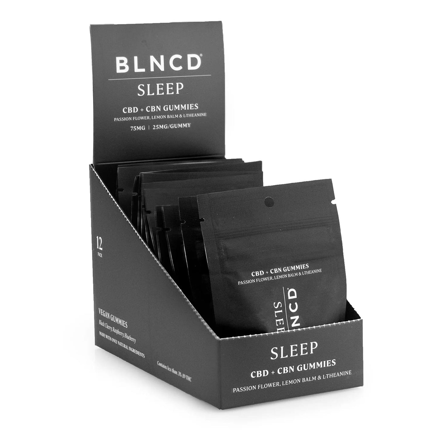 Display box of BLNCD Sleep CBD + CBN Gummies with black packaging.
