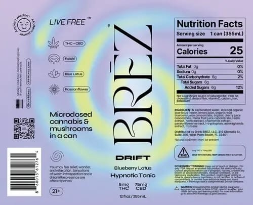 Brez drink label with nutritional information and branding details.