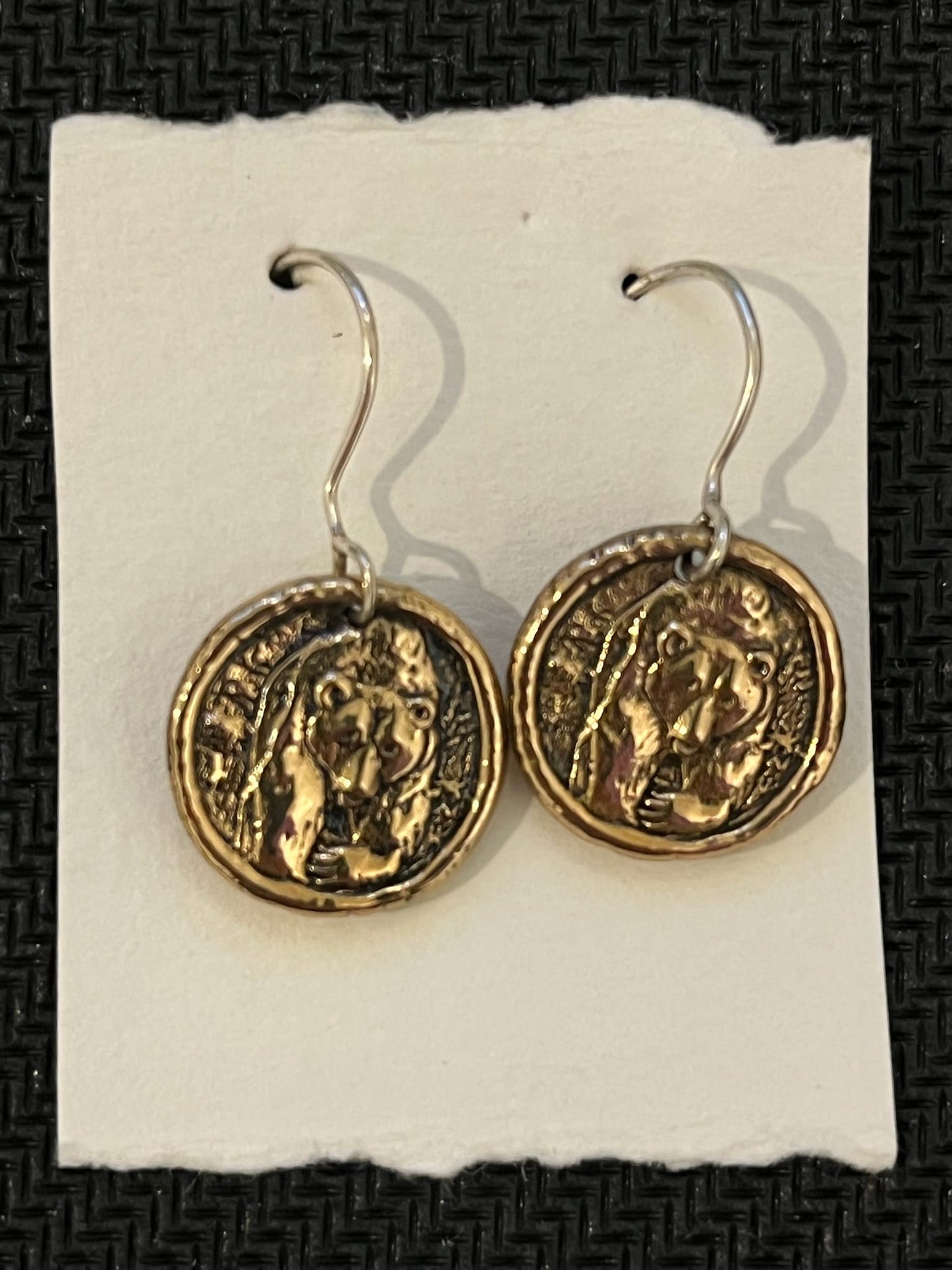 bear earrings, fearlessness jewelry, bronze coin earrings, strength symbol jewelry, mindfulness talisman, empowerment jewelry, spiritual earrings, grounding jewelry, courage earrings, symbolic jewelry