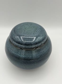 Mike Teal pottery, blue oil spot container, handmade ceramics, porcelain lidded jar, wheel-thrown pottery, artisan stoneware, Tulsa ceramic artist, functional pottery, small ceramic jar, YENology artisan collection