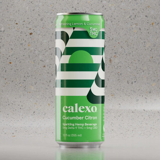 Calexo Cucumber Citron: a crisp sparkling hemp drink with 5mg THC + 5mg CBD. Award-winning alcohol-free refreshment for balance, mood & celebration.