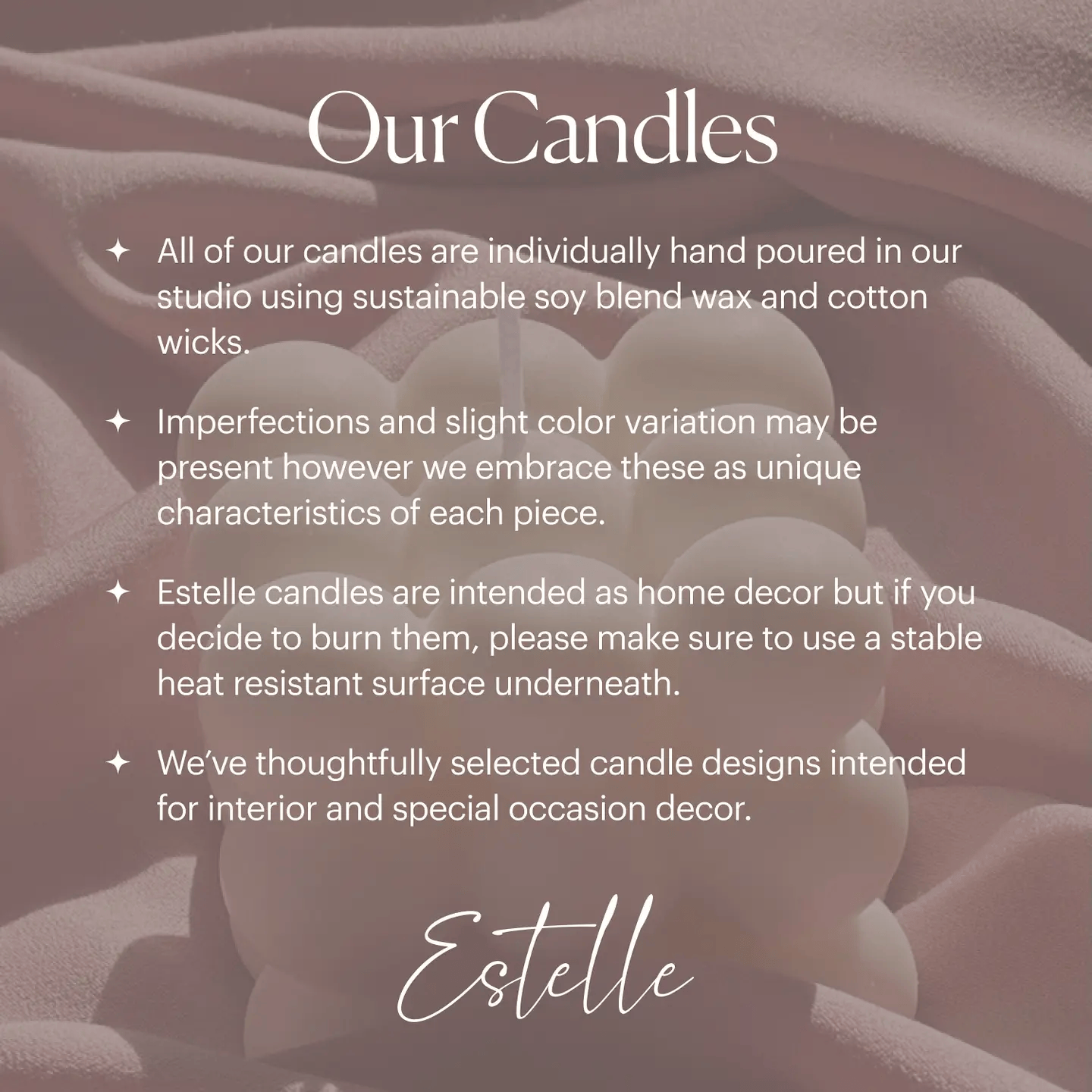 Text about Estelle candles with a blurred background of candles.