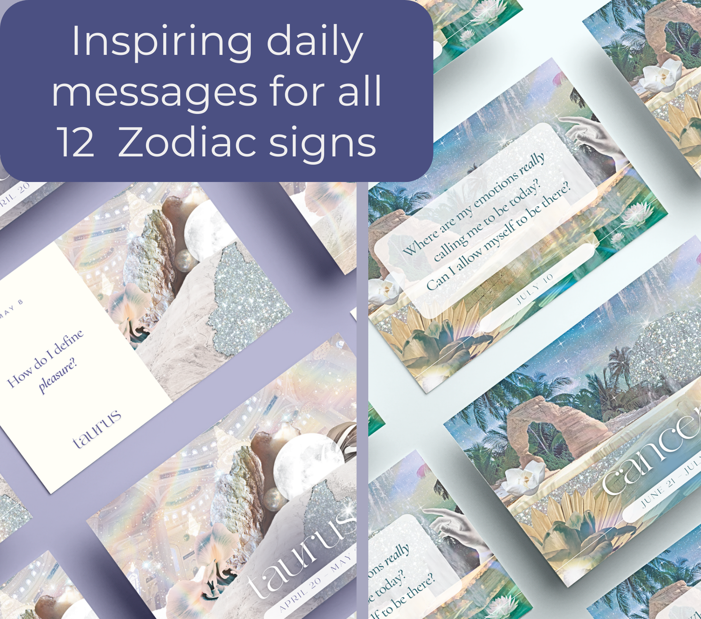 Collage of zodiac-themed cards with inspirational messages on a purple background