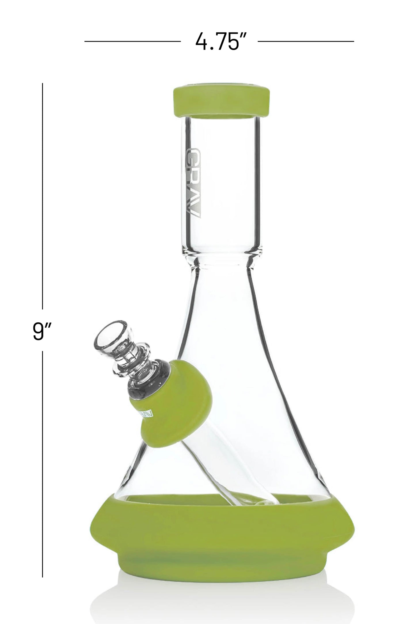 Glass smoking device with green silicone accents and measurements