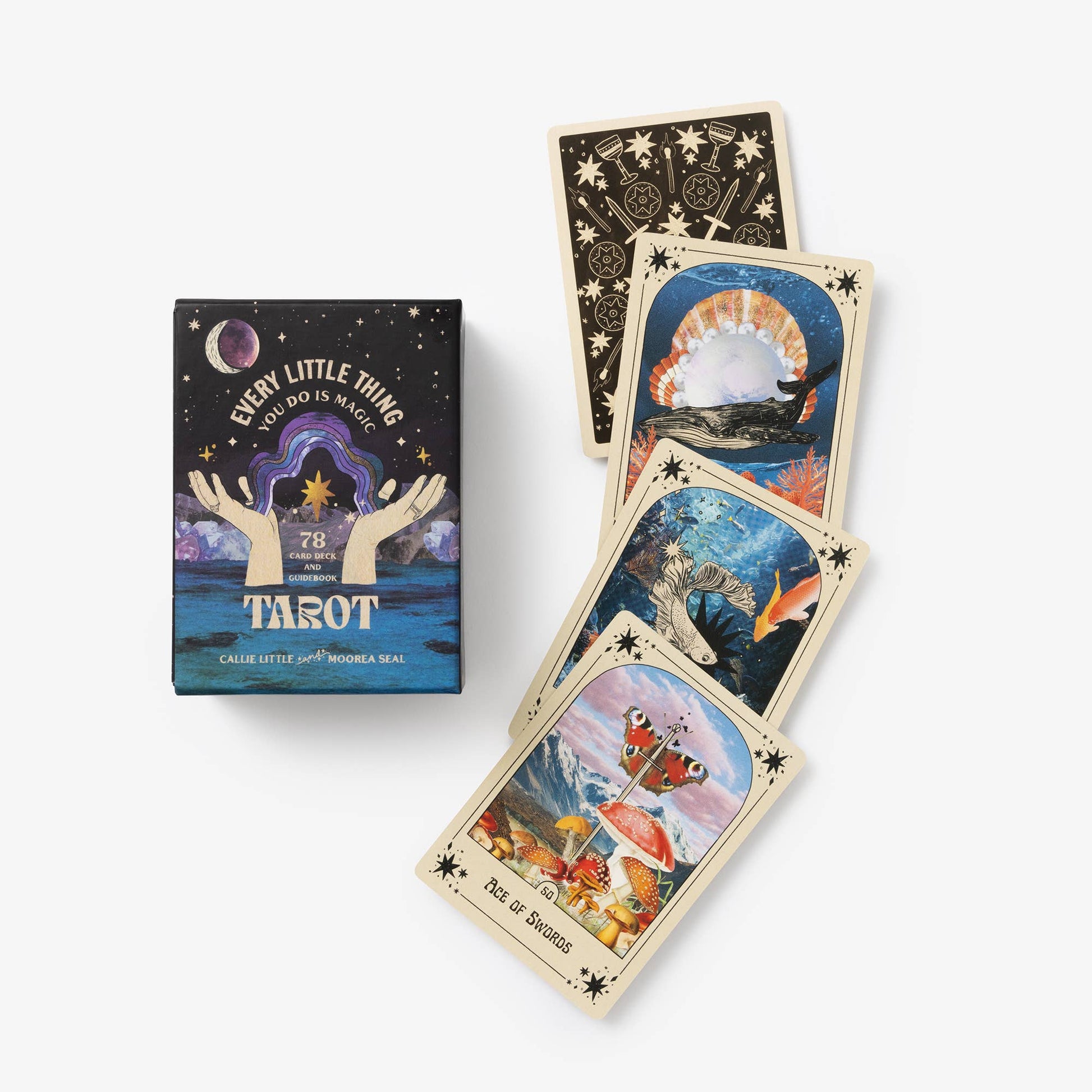 Tarot card set with a box labeled 'Every Little Thing You Do Is Magic' on a white background