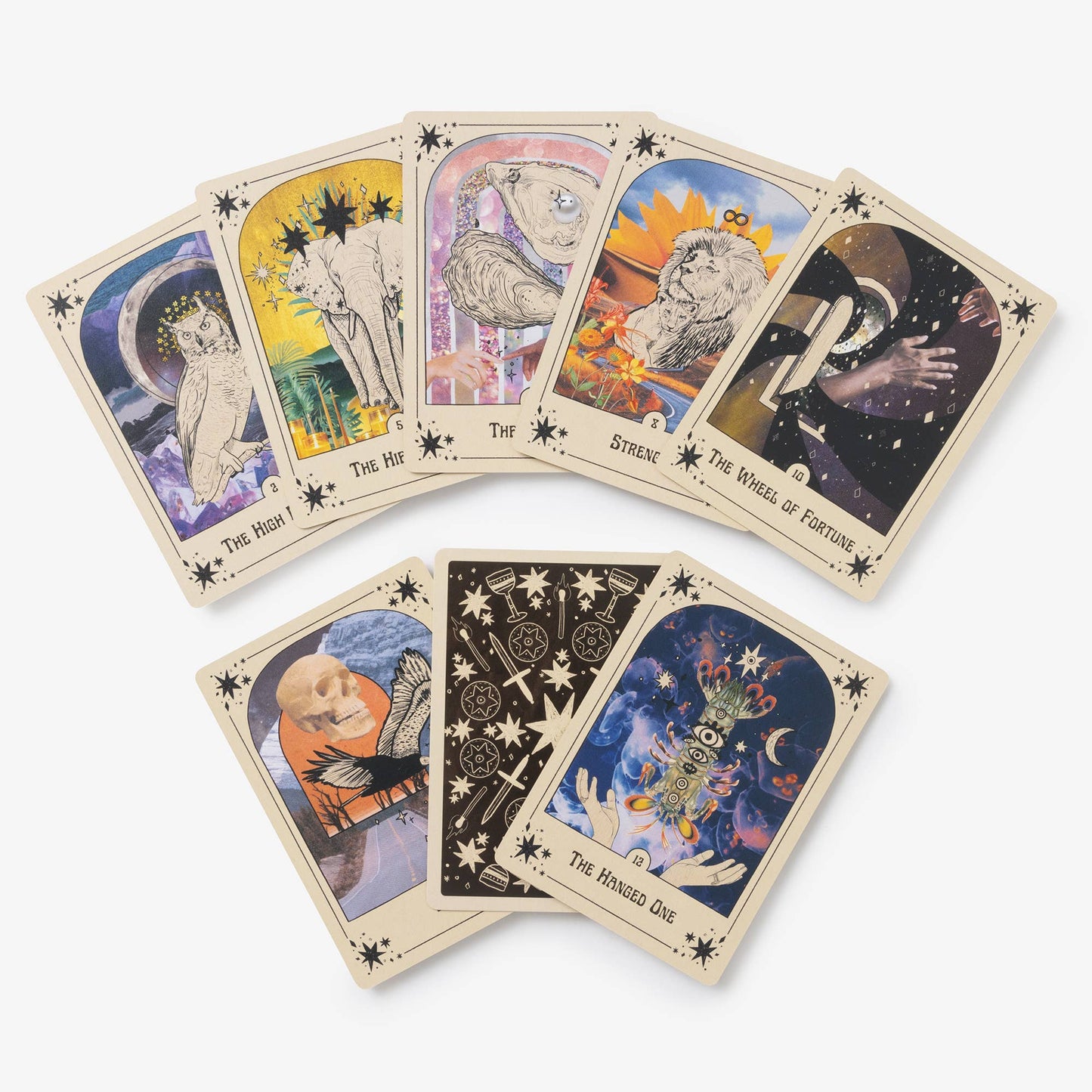 Set of tarot cards with colorful illustrations on a white background