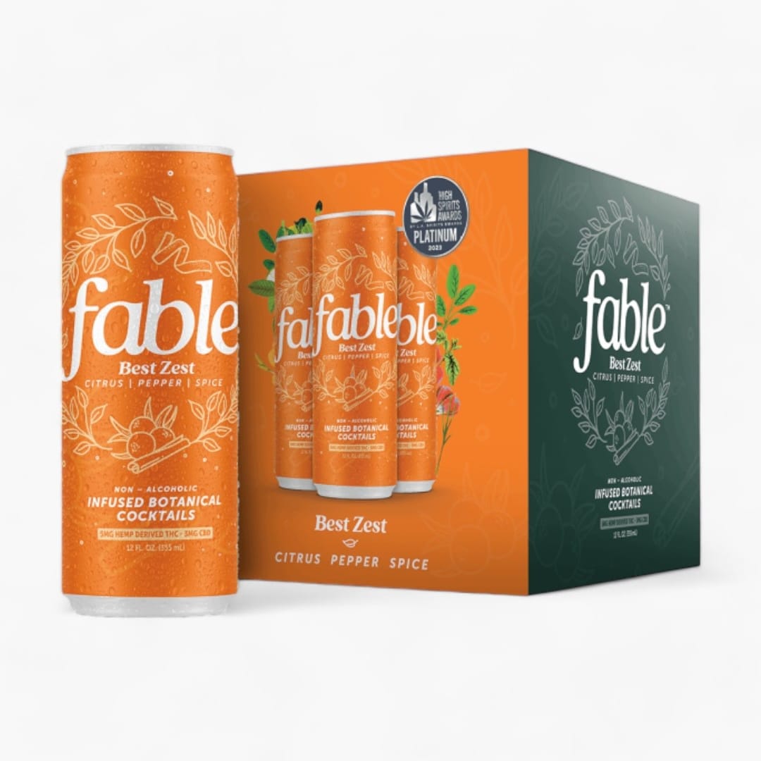 Fable beverage, THC mocktail, cannabis cocktail, citrus THC drink, CBD drink, hemp-derived THC, non-alcoholic cocktail, orange spice drink, award-winning THC beverage