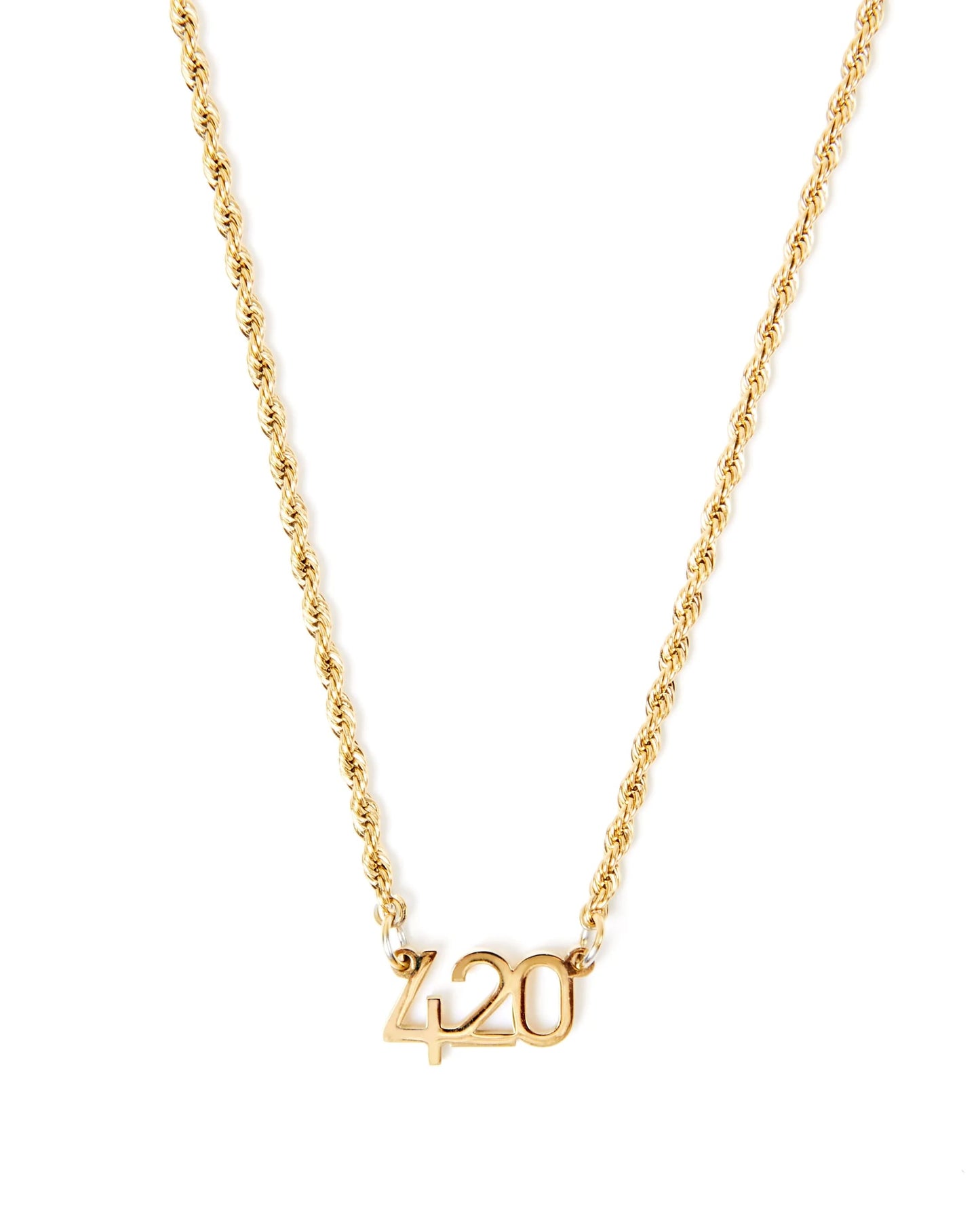 Gold necklace with '420' pendant on a white background