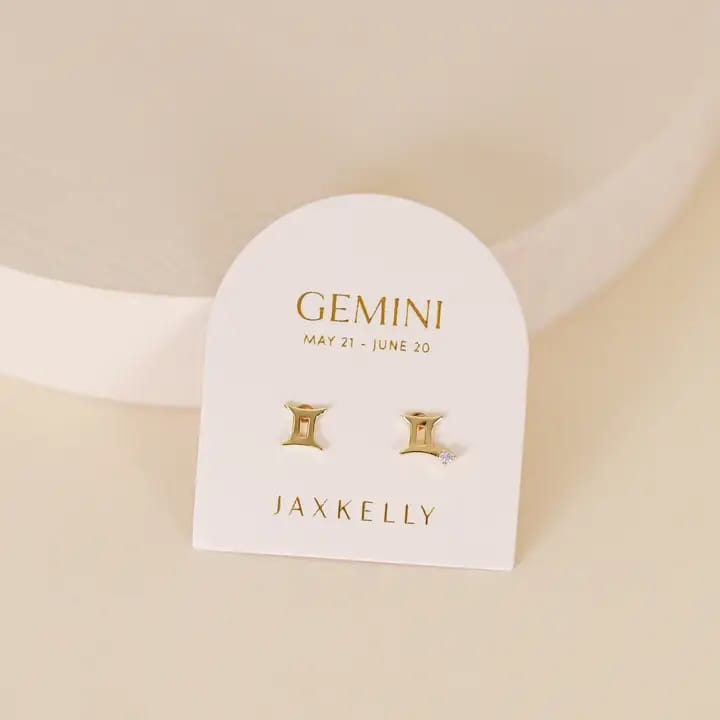 Gemini earrings, zodiac gold earrings, Gemini zodiac jewelry, gold zodiac studs, celestial earrings, hypoallergenic gold earrings, CZ zodiac studs