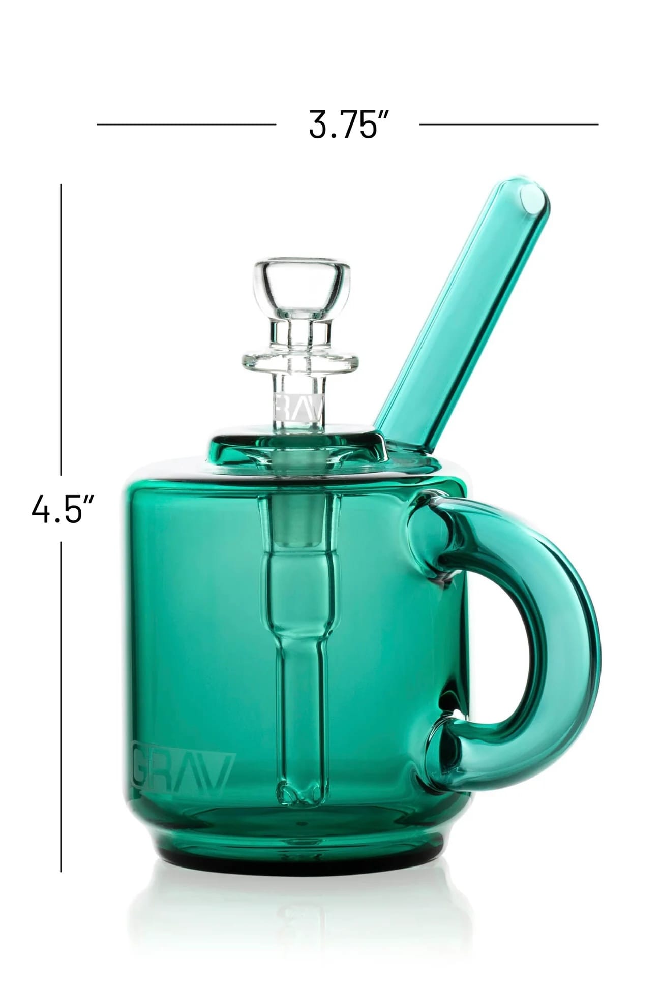 Teal glass mug with handle and measurements on a white background