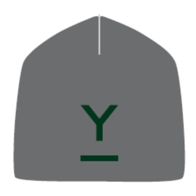 Gray beanie with a green 'Y' logo on a white background
