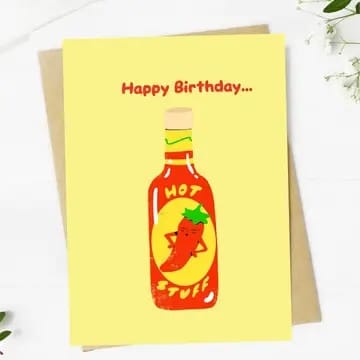 funny birthday card, hot stuff card, hot sauce birthday card, flirty greeting card, hand-drawn card, blank birthday card, spicy birthday gift, premium stationery, humorous birthday card
