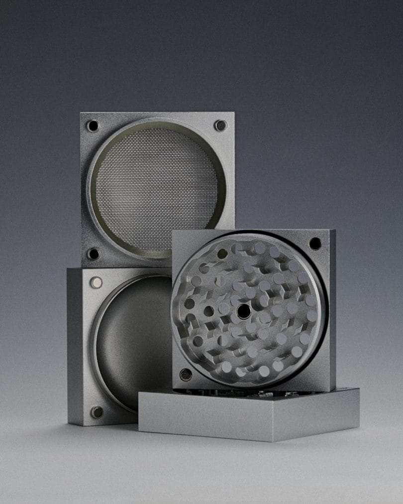 Laundry Day grinder, cube grinder, aluminum grinder, sculptural grinder, minimalist smoking accessories, luxury cannabis grinder, modern smoking tools, YENology accessories, design grinder, kief catcher