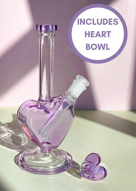 Canna Style Heart Bong, heart glass bong, pink bong, lavender bong, cute bong, aesthetic glass water pipe, Canna Style smoking accessories, girly bong, borosilicate heart bong, Valentine’s bong