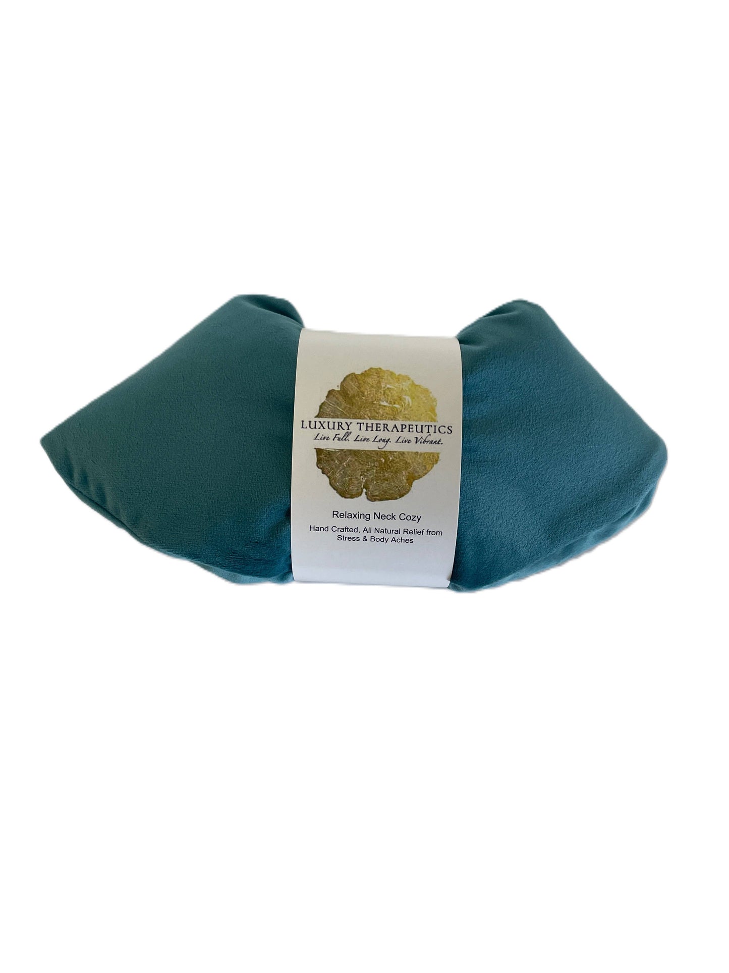 Teal-colored product with a white label on a white background