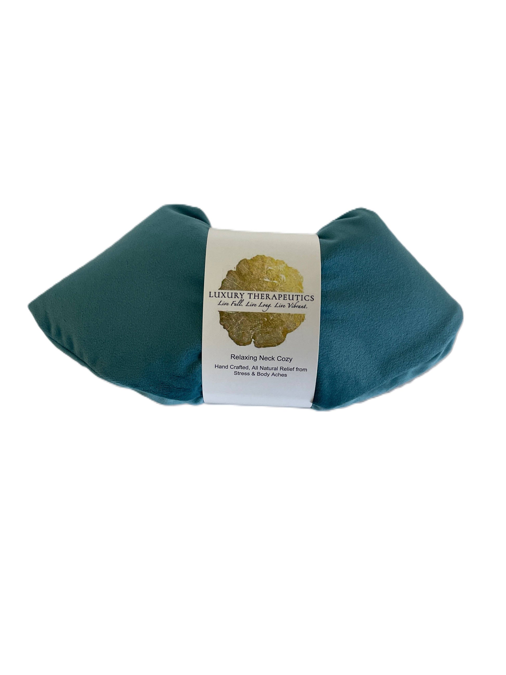 Teal-colored product with a white label on a white background