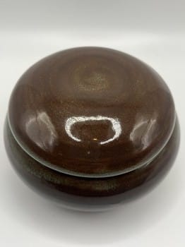 light green swirl container, brown ceramic lidded jar, small ceramic container, Mike Teal pottery, hand thrown lidded vessel, stoneware container, Cone 6 pottery