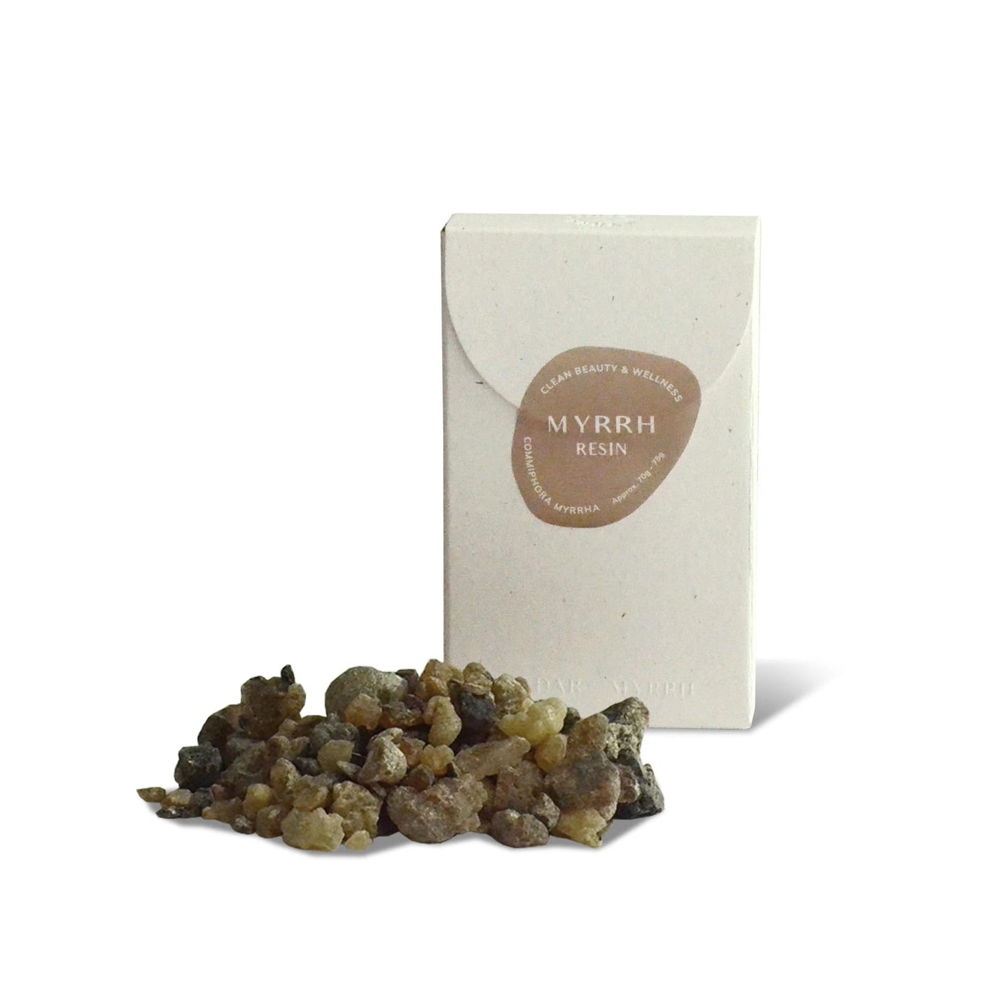 Myrrh resin with a Myrrh Resin packaging box on a white background