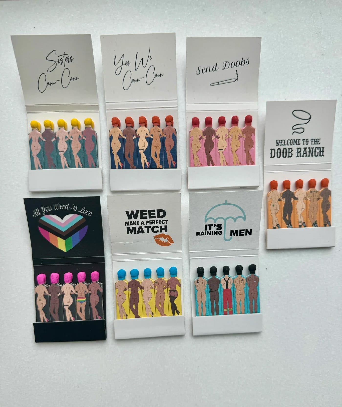 Collection of humorous and graphic matchbook designs from Rogue Paq