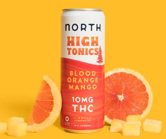 cannabis-infused drink, hemp beverage with blood orange and mango flavor