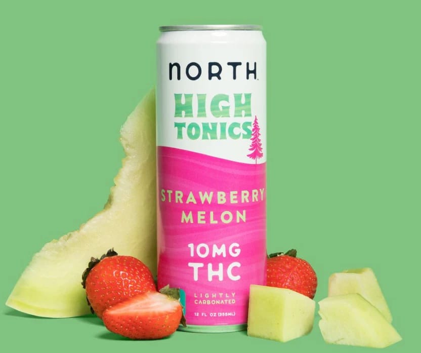 High Tonics Strawberry Melon 10mg THC sparkling seltzer, cannabis-infused strawberry melon drink, hemp beverage with fruity flavor
