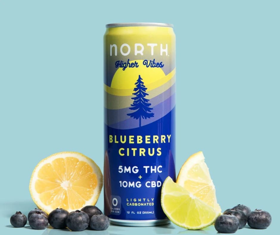 Higher Vibes Blueberry Citrus THC CBD sparkling seltzer, cannabis-infused drink, hemp beverage with blueberry and citrus flavor