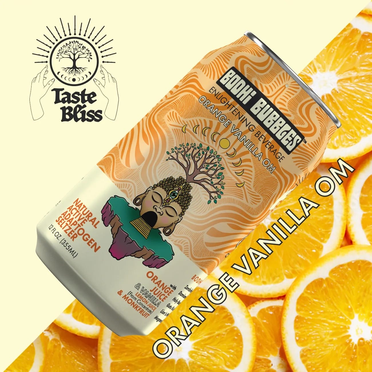 Taste Bliss orange vanilla OM Bodhi Bubbles drink with orange slices, vanilla bean