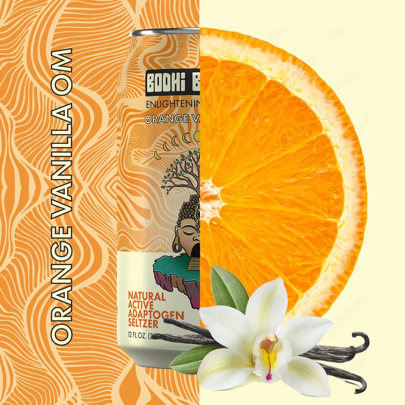  Bodhi Bubbles drink with orange slices, vanilla bean, Naturals Orange Vanilla OM seltzer with orange slice, vanilla bean, and orchid on a patterned background