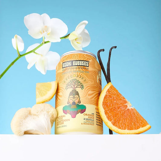 Can of Bodhi Bubbles drink with orange slices, vanilla bean, and white flowers