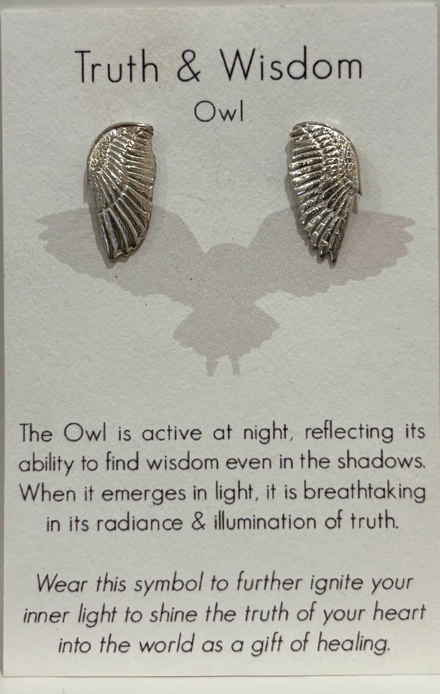 Owl Wisdom & Truth earrings, sterling silver owl jewelry, intuitive jewelry, symbolic earrings, owl wing design, mindfulness jewelry, wisdom and clarity earrings, 925 silver earrings, spiritual owl jewelry, meaningful silver earrings