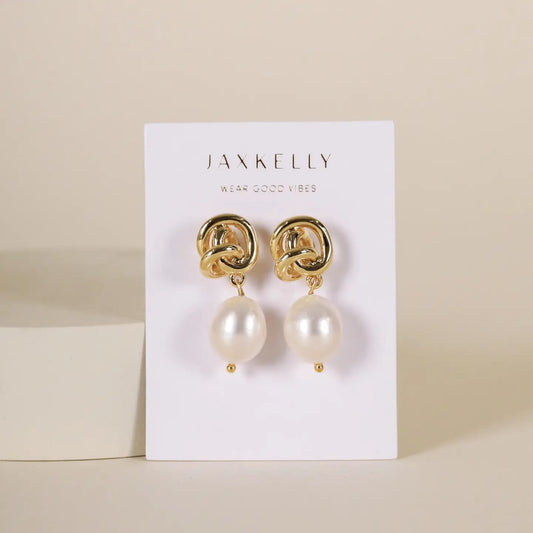 pearl knot earrings, gold pearl drop earrings, freshwater pearl jewelry, dainty gold earrings, hypoallergenic pearl earrings, classic pearl earrings, 18k gold plated earrings