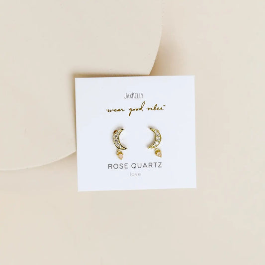 rose quartz earrings, moon drop earrings, gold moon earrings, celestial jewelry, gemstone drop earrings, gold huggies, hypoallergenic earrings, spiritual jewelry