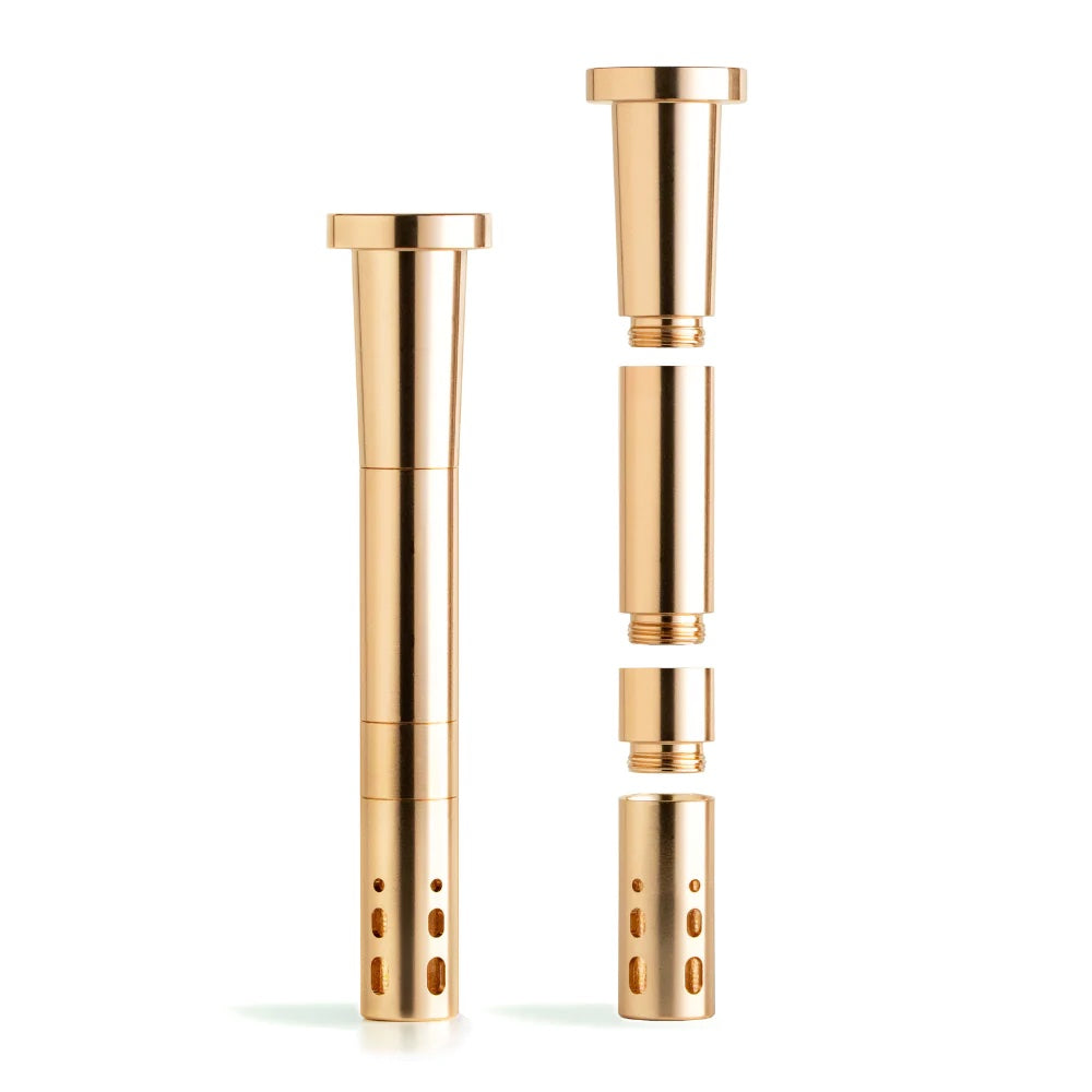 Set of rose gold cylindrical objects on a white background
14mm adjustable downstem

Aircraft grade aluminum pipe part

Chill Steel Pipe accessory