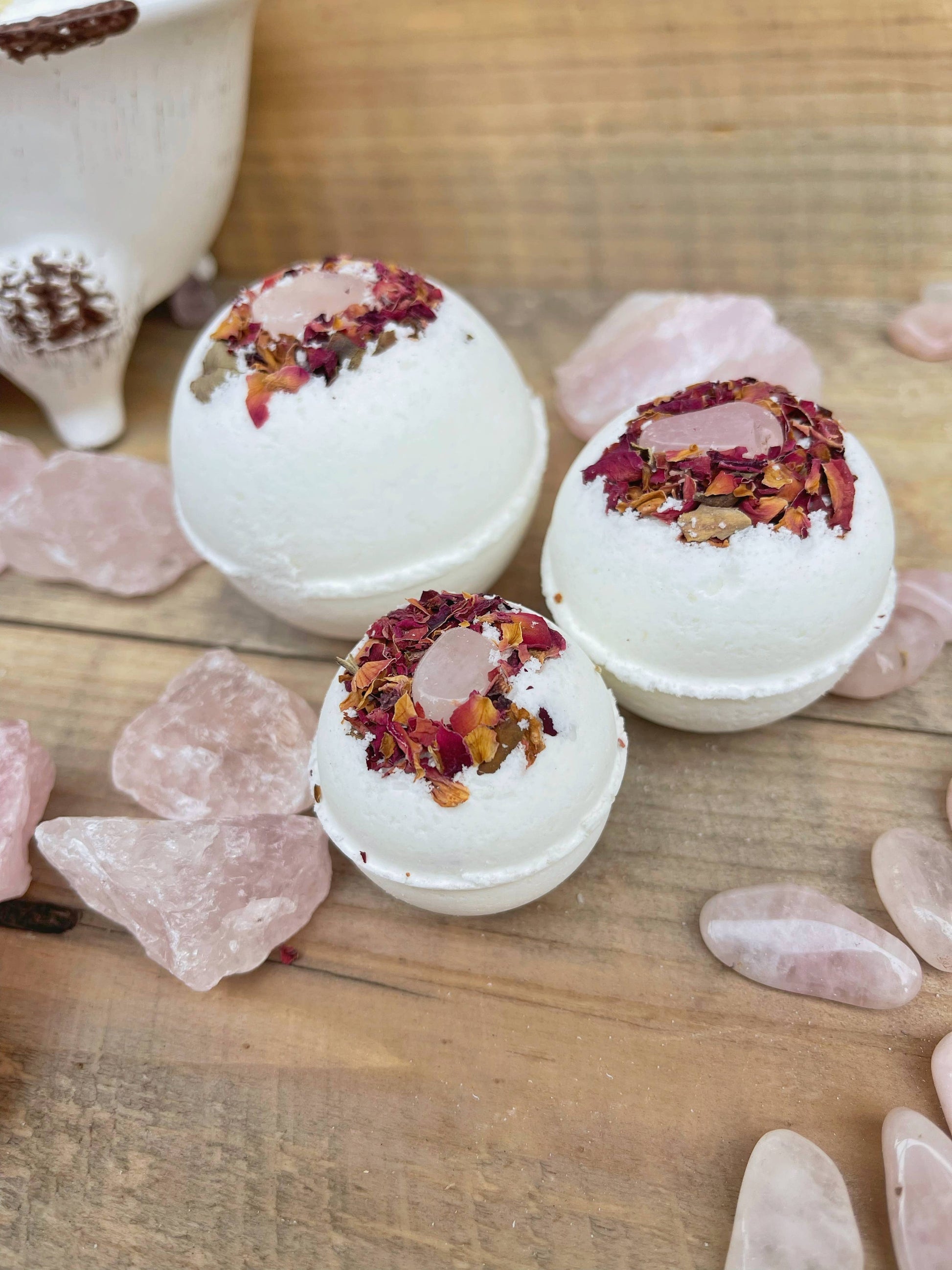 handmade bath bomb, YENology bath, rose petal bath, heart chakra