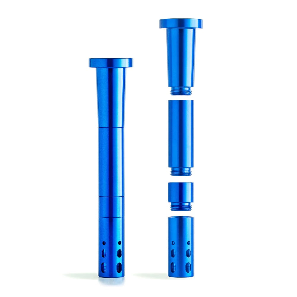 Set of blue metal components on a white background
Unbreakable smoking downstem

Modular threaded downstem