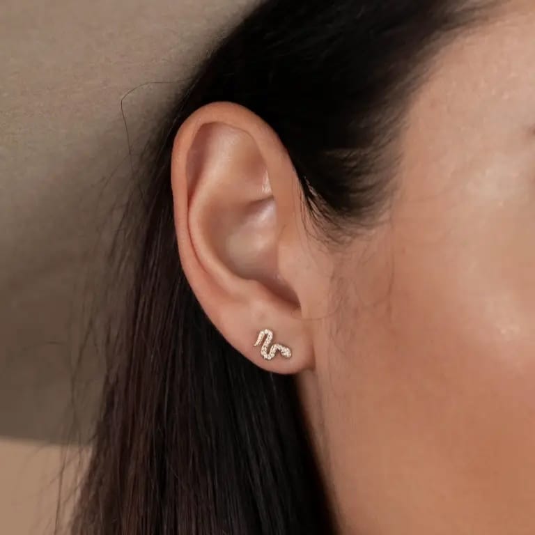 snake stud earrings, gold pavé earrings, CZ snake earrings, hypoallergenic gold studs, dainty gold earrings, serpent earrings, gold CZ studs